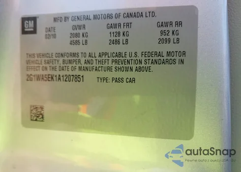 2010 Chevrolet Impala Ls z USA, uszkodzony, nr VIN 2G1WA5EK1A1207851